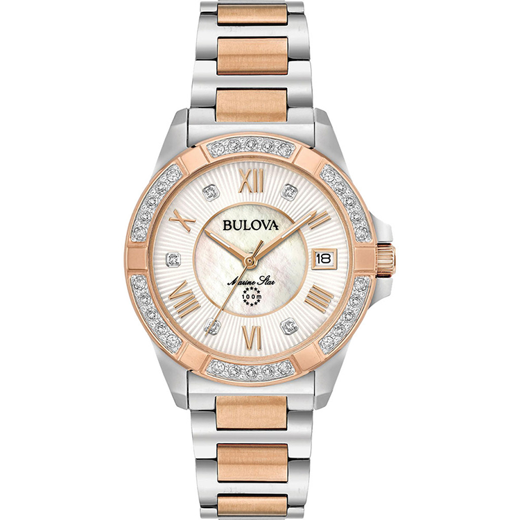 Bulova Women's Marine Star Diamond White MOP Dial Two Tone Rose Gold Steel Watch
